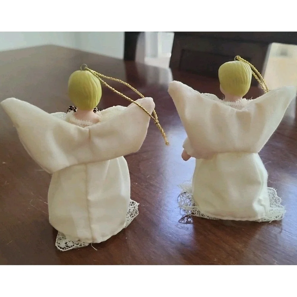 Angel Christmas Tree Ornaments Figurines Set‎ of 2 Porcelain Ceramic Lace